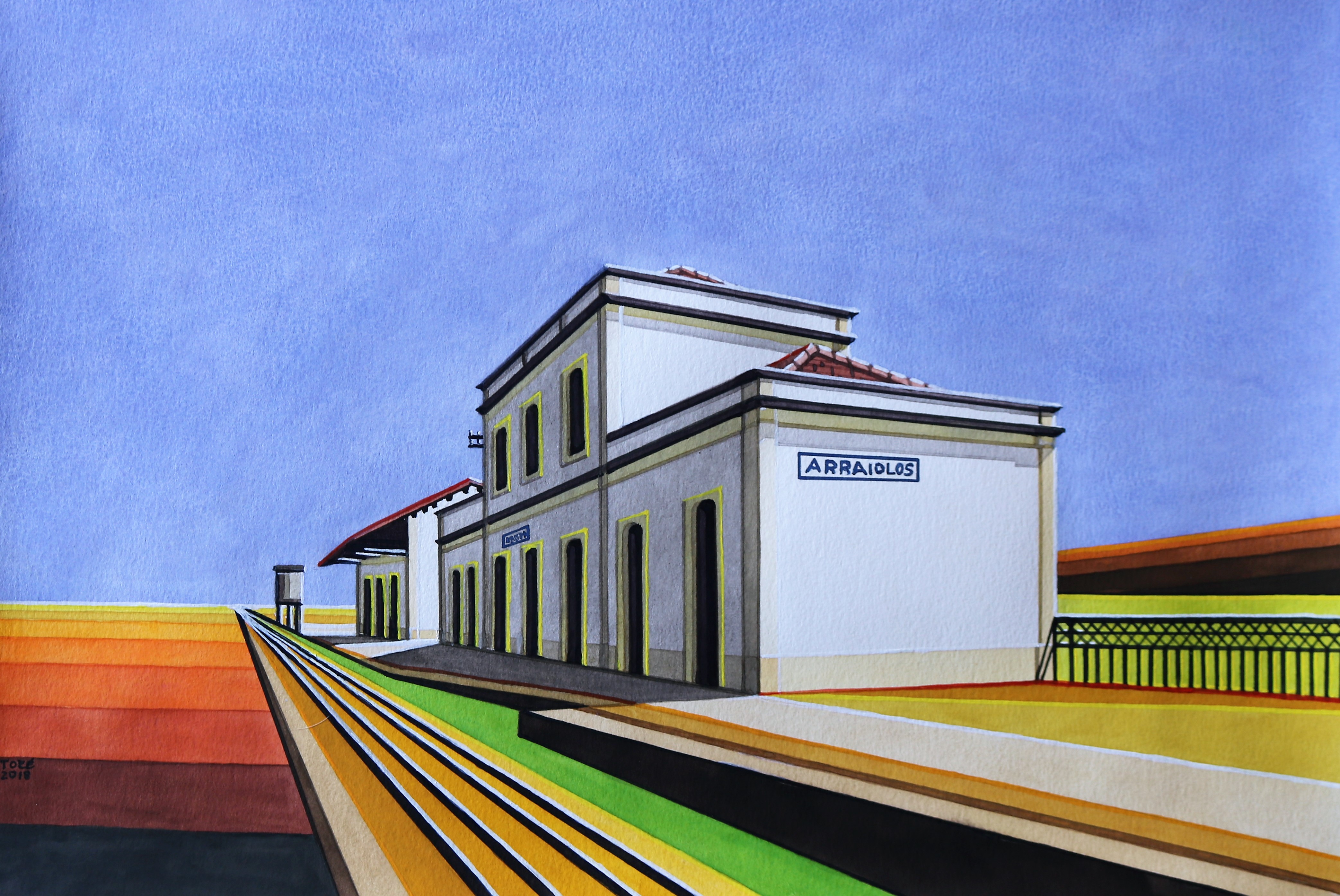Estação de Arraiolos em aguarela por António Ervedeiro